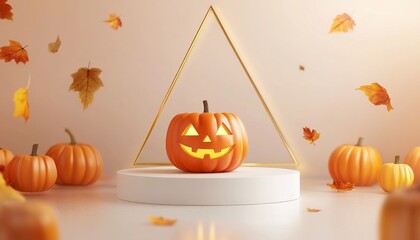 3D Halloween Background Pedestal with Pumpkins and Autumn Leaves on a Light Background