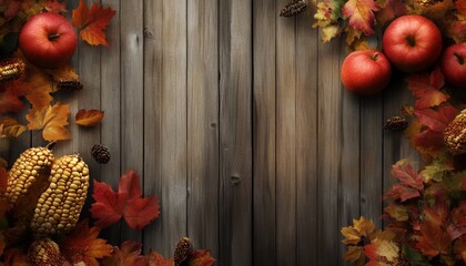 Wooden Background with Fall Leaves and Pumpkins for Rustic Autumn Decoration