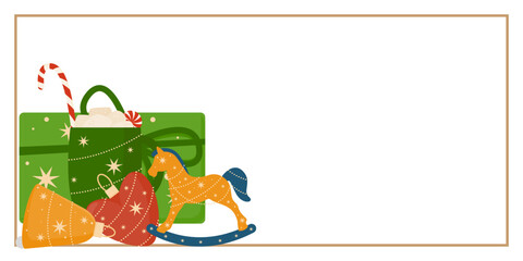 Christmas and New Year Greeting Horizontal Card or Invitation Template. Vintage Elegant Decoration Illustration. Happy Merry Xmas Greeting Party Banner Design background. 