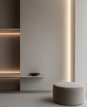 A modern minimalist room featuring ambient lighting, a round ottoman, and sleek shelving, embodying simplicity and style.