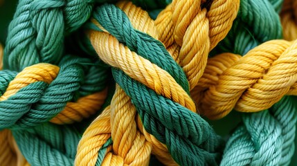 Close-up of a rough, yellow and green jute rope with a complex knot, showing detailed texture and twisted fibers