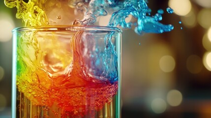 Brightly colored liquids and gases swirl in a beaker, showcasing an active chemical reaction, highlighting science and experimentation