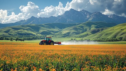 Naklejka premium Tractor Spraying Pesticides in Beautiful Field
