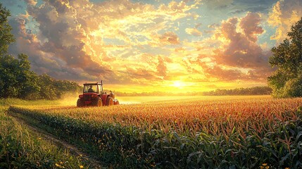 Fototapeta premium Morning Tractor in Spring Cornfield at Sunrise