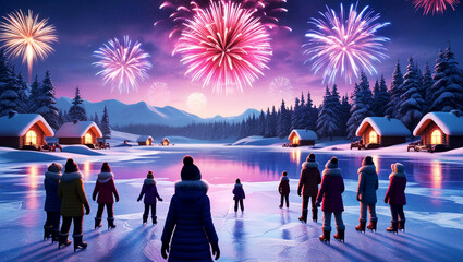 Winter Fireworks Over a Frozen Lake with Snowy Landscape Generative AI