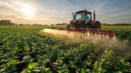Fototapeta premium Tractor Moving Through Green Cornfield at Sunrise