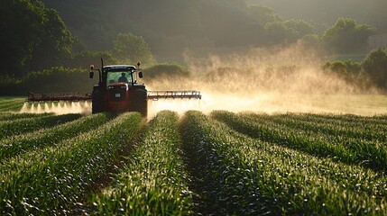 Obraz premium Tractor Spraying Pesticides Over Field at Sunrise