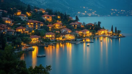 Fototapeta premium A picturesque village nestled along a calm bay at twilight, illuminated by warm lights reflecting on the water.