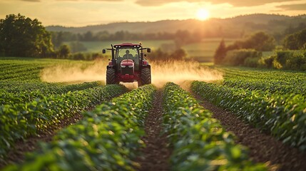 Fototapeta premium Tractor Spraying Pesticides Over Field at Sunset