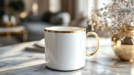 A white mug with a gold rim and handle sits on a marble table, ready for a warm beverage.