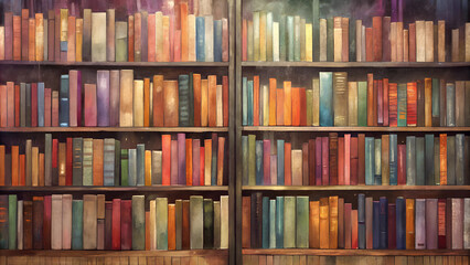 Softly painted rows of colorful books with loose, flowing brushstrokes on a blended, textured backdrop
