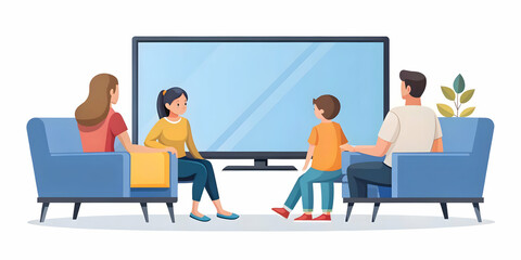 Flat Vector Illustration of a Candid Family Excitedly Exploring Cyber Monday Deals on a Smart TV, Capturing Family Moments and Modern Shopping Joy