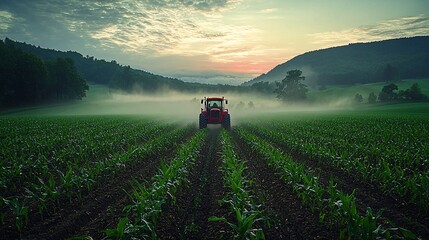 Fototapeta premium Tractor Spraying Pesticides on Young Corn Field