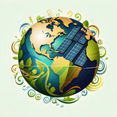 Naklejka premium Illustration of a globe composed of triangular solar panels and swirling wind patterns, symbolizing global renewable energy