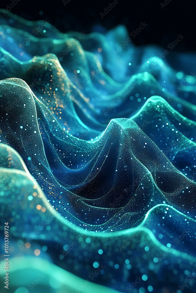 Poster A vibrant, abstract representation of flowing waves, featuring luminous particles that create a mesmerizing, otherworldly effect.