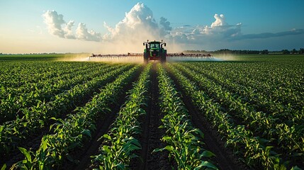 Obraz premium Tractor Spraying Pesticides Over Green Field