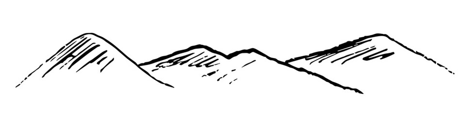 Fototapeta premium Simple hand drawn vector drawing with black outline. Mountain range, wildlife, rocky terrain. Nature and landscape.