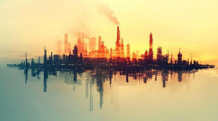 Fototapeta premium Future factory plant and energy industry concept, depicting the next generation of power and energy business with a double exposure design of oil, gas, and petrochemical refinery elements