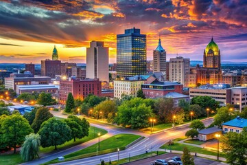 Stunning Syracuse New York Skyline with Modern Architecture and Twilight Colors Reflected in Water