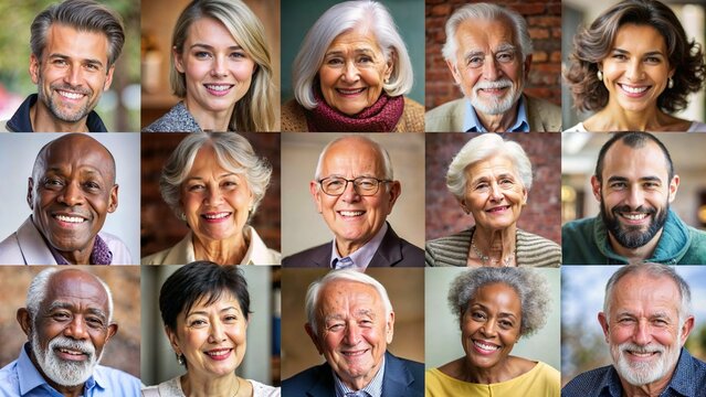 Wisdom and experience collage, diverse older adults, rich experiences and insights, warm background