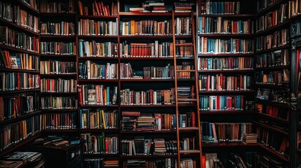 Vintage Library with Tall Bookshelves and Ladder