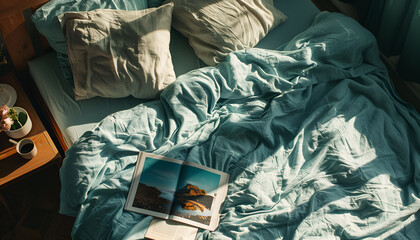 Open magazine on bed with stylish silky linens