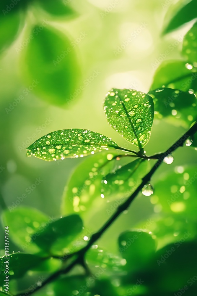 Canvas Prints Close up of dew drops on green leaves, fresh nature background