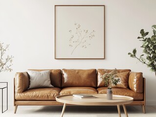 A cozy living room with a brown leather sofa, minimalist decor, and a botanical-themed art piece in a serene setting.