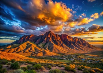 Fototapeta premium The majestic Franklin Mountains glow at sunset, showcasing vibrant skies and dramatic, rugged terrain in a stunning landscape that captivates the soul.
