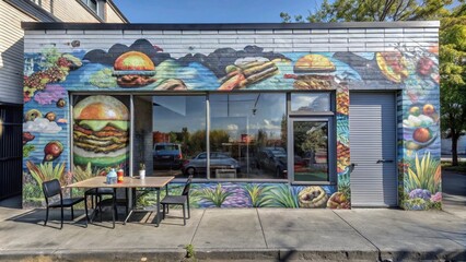 A colorful mural depicting various types of burgers adorns the exterior wall of a small restaurant, adding vibrancy to the urban streetscape.