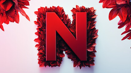 Red letter N surrounded by red leaves against a white background.
