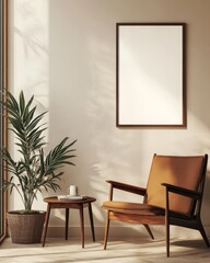 A cozy corner featuring a mid-century chair, small table with a potted plant, and empty frame in soft daylight ambiance.