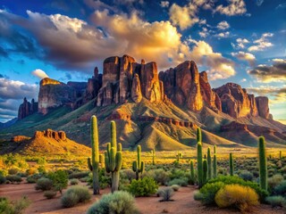 The Superstition Mountains tower magnificently under brilliant blue skies, highlighting the unparalleled beauty of Arizona's desert scenery and inviting exploration and wonder.