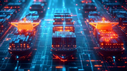 Futuristic cargo container ships integrating cutting-edge technology for global logistics, showcasing digital world maps and supply chain networks