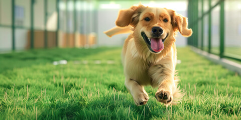 A joyful golden retriever frolicking in a grassy field at a dog daycare facility.