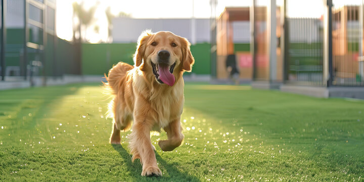 A joyful golden retriever frolicking in a grassy field at a dog daycare facility.