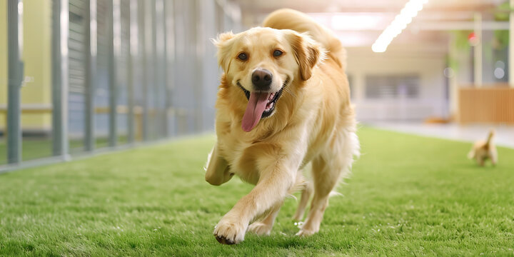 A joyful golden retriever frolicking in a grassy field at a dog daycare facility.