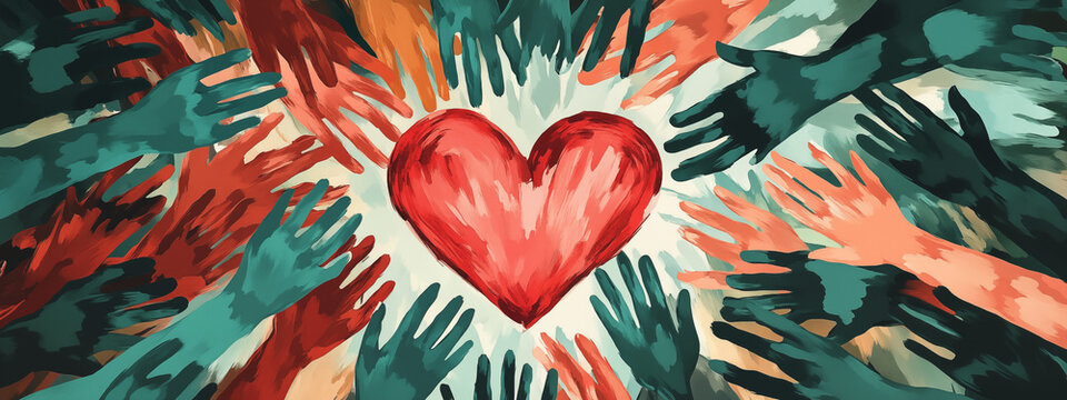 Abstract illustration of various hands forming with all hands a heart. The design conveys unity, community support or group collaboration 