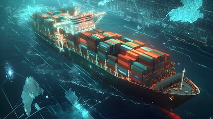 Futuristic cargo container ships integrating cutting-edge technology for global logistics, showcasing digital world maps and supply chain networks