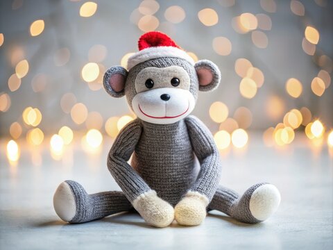 This cute grey sock monkey plush sits on a white background, making it a delightful toy for children and a charming collectible for enthusiasts.