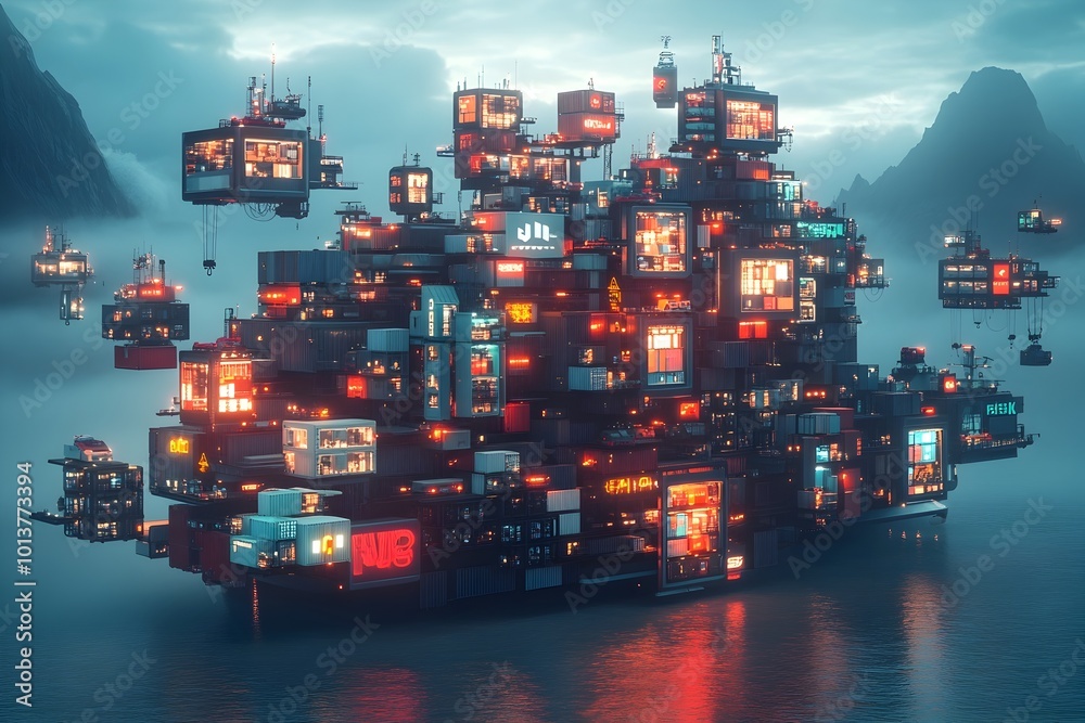 Poster futuristic autonomous and intelligent cargo container ships navigating a complex web of worldwide da