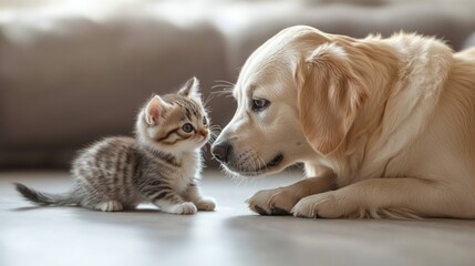 A playful kitten and a golden retriever dog face each other on a soft carpet, exploring their new friendship.