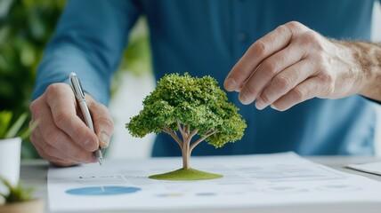 A person analyzes data with a miniature tree model on a document, highlighting the connection between nature and environmental research.