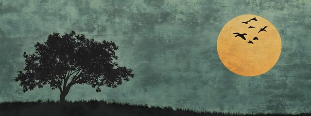 inimalist vector art of a silhouette tree with birds flying above, simple shapes, a dark green background, and a small orange sun