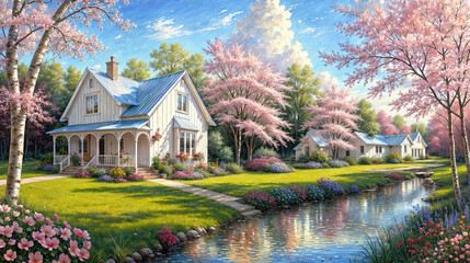 Obraz premium Oil painting on canvas summer landscape with wooden old house near river, beautiful flowers and trees.