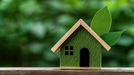 A miniature green house with wooden accents sits on a table, surrounded by a lush, blurred background of leaves, symbolizing eco-friendliness and sustainability.