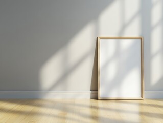 A bright, modern room with diagonal sunlight casting shadows on a grey wall, highlighting an empty wooden frame.