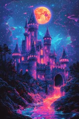 Obraz premium An illustration of an ancient castle from which a bright liquid flows out