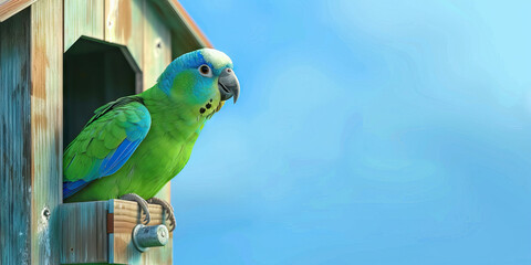 A curious parakeet perched on a wooden birdhouse, peeking out at its surroundings with a pop of bright blue.