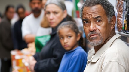 Obraz premium Concerned Family Waiting in Food Line at Community Bank